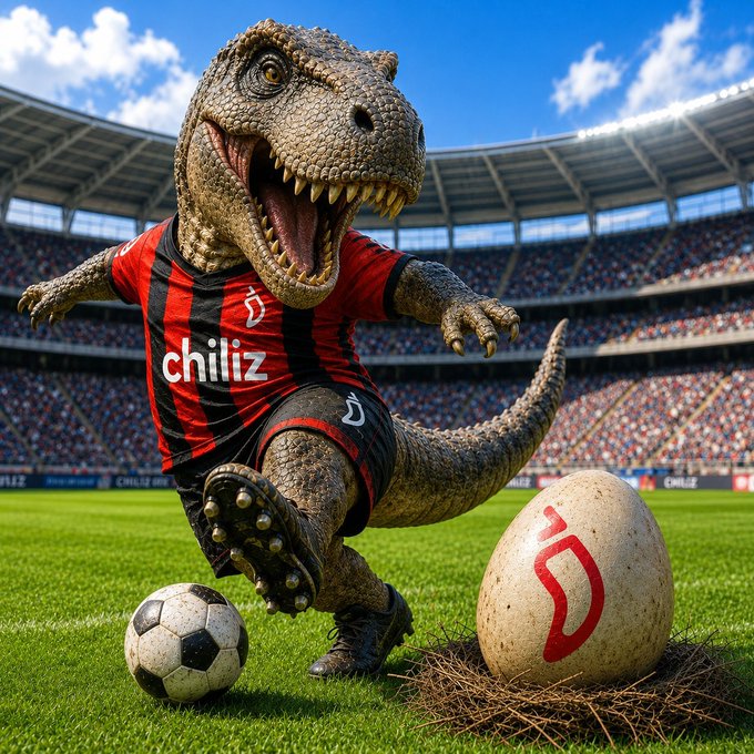 The image features a dinosaur character, likely from Chiquita, kicking a soccer ball across a field with an egg nearby. The dinosaur appears to be wearing a red and black striped shirt that says "Chiquita" on it. The egg is located near the bottom right corner of the image. The post reads: "Dino Coin."