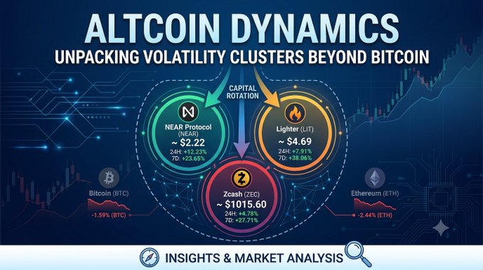 An infographic titled 'ALTCOIN DYNAMICS - UNPACKING VOLATILITY CLUSTERS BEYOND BITCOIN' showing capital rotation among NEAR Protocol (NEAR) ~$2.22, Lighter (LIT) ~$4.69, and Zcash (ZEC) ~$1015.60, with Bitcoin (BTC) -1.59% and Ethereum (ETH) -2.44%.