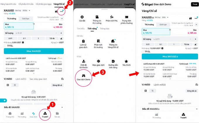 A Vietnamese-language tutorial showing three screenshots of a crypto trading app (Bitget) with numbered steps guiding users to access Demo Trading (Giao dịch Demo) from the TradeFi section.
