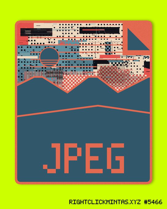 A pixel-art style digital graphic featuring geometric shapes and the text '.JPEG' over a green background, with 'RIGHTCLICKMINTAS.XYZ #5466' at the bottom.