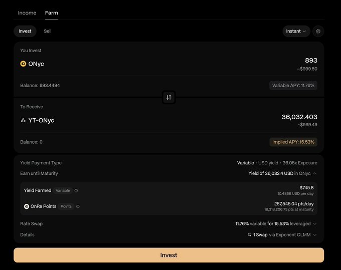 Screenshot of a crypto yield farming interface showing an investment of 893 ONyc ($899.50) to receive 36,032.403 YT-ONyc, with a variable APY of 11.76% and an 'Invest' button at the bottom.