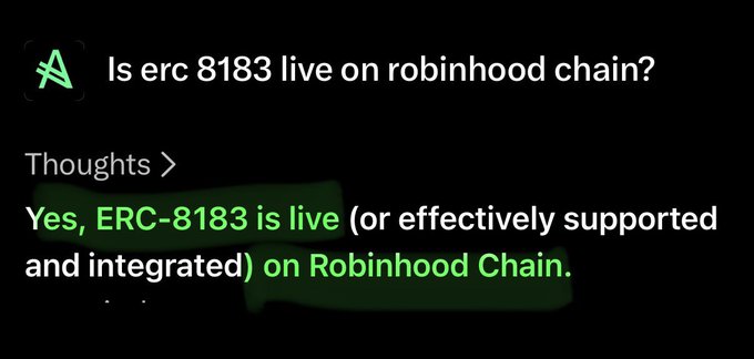 The image shows a chatbot interaction where a user asks, "Is erc 8183 live on robinhood chain?" and receives the reply: "Yes, ERC-8183 is live (or effectively supported and integrated) on Robinhood Chain." The highlighted text emphasizes the affirmative answer, which supports the accompanying post's claim that Robinhood's L2 implementation relies on the deployment of ERC-8183 identity oracles, suggesting that $TIBBIR is tied to this identity infrastructure rather than being a memecoin.