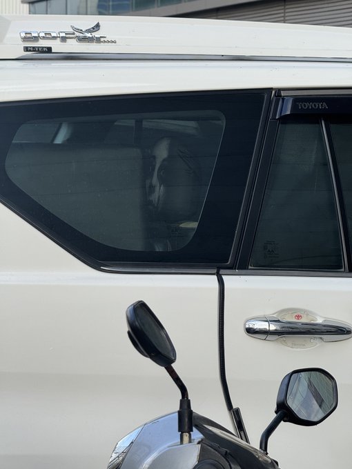A black-and-white dog peers out from inside a white Toyota Go+Piyo H-Van vehicle, with mirrors visible below the window.