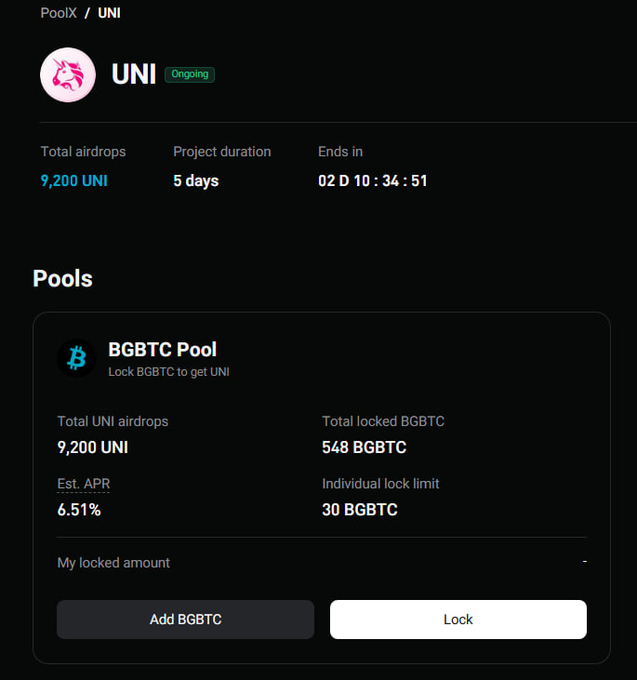 Screenshot of a crypto PoolX/UNI airdrop page showing 9,200 UNI total airdrops, 5-day duration, and a BGBTC Pool with 6.51% Est. APR and 30 BGBTC individual lock limit.