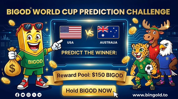 The image features a poster for a betting game called "BIGOD World Cup Prediction Challenge". The poster includes three cartoon characters, each representing a different country - an American eagle, an Australian kangaroo, and a British moose. These characters are positioned in front of a blue background with gold accents, which is the main focus of the image.

The text on the poster announces that this game will be held by BINGOD token holders, stating "BIGOD token holders will hold the game". The poster also mentions that there's a reward pool for predicting the exact final score and encourages players to share their predictions with others.