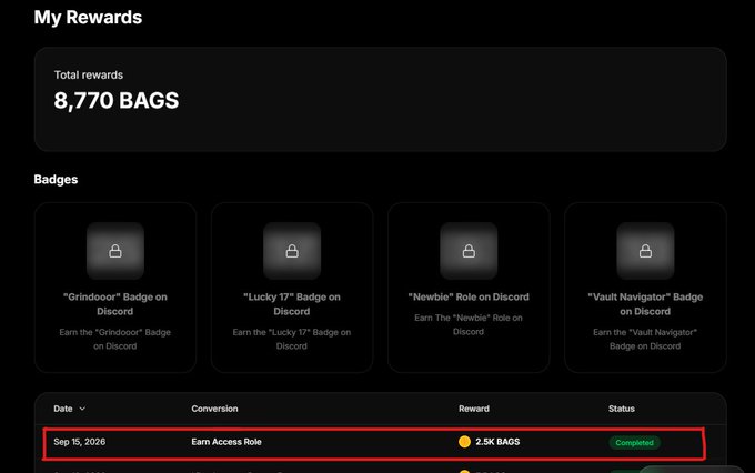 The image displays a "My Rewards" dashboard showing 8,770 BAGS total, with locked Discord badges ("Grindoor," "Lucky 17," "Newbie," "Vault Navigator") and a completed transaction on Sep 19, 2026 for "Earn Access Role" rewarding 2.5K BAGS, which aligns with the post celebrating receiving access role bags and confirming the 8,770 total balance.