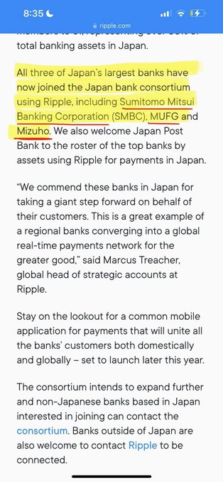 The image shows a screenshot of an article about Japan's largest banks using Ripple's technology. The text in the image reads "All three of Japan's largest banks have now officially joined Ripple, including SMBC, MUFG, and Muzuho." This indicates that these banks are adopting Ripple's technology for their financial operations.