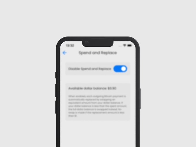 The image shows a black smartphone with an app icon displayed, which appears to be related to Bitcoin or cryptocurrency. The phone screen displays information about spending and replacing Bitcoins, including options for changing the balance of available double spend and triple spend settings. The text on the screen suggests that there is something new coming soon in terms of Bitcoin transactions.