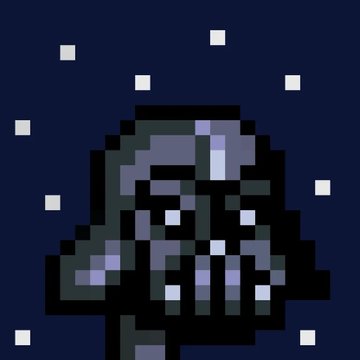 A pixel art image depicts a dark-helmeted character with a skull-like face against a dark blue background dotted with white square stars.
