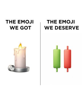 A two-panel meme contrasts "THE EMOJI WE GOT," showing a melting candle, with "THE EMOJI WE DESERVE," showing a green and red candlestick chart. The image humorously highlights the frustration of being given a candle emoji while finance traders are still waiting for a proper stock chart emoji.