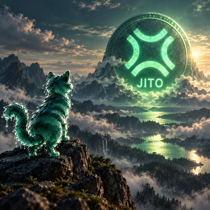 A glowing, translucent green crystalline cat sits on a rocky outcrop, gazing up at a massive glowing green sigil containing the text "JITO" hovering above a misty mountain and lake landscape.