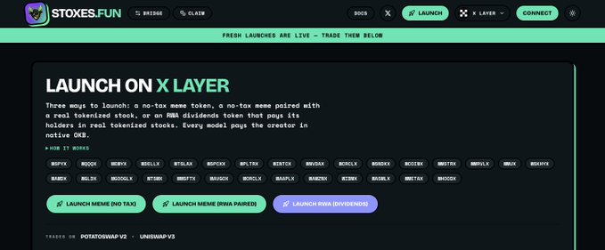 A screenshot of a website with a green banner reading 'FRESH LAUNCHES ARE LIVE - TRADE THEM BELOW'. The main text is 'LAUNCH ON X LAYER', with buttons for 'LAUNCH MEME (NO TAX)', 'LAUNCH MEME (RWA PAIRED)', and 'LAUNCH RWA (DIVIDENDS)'.