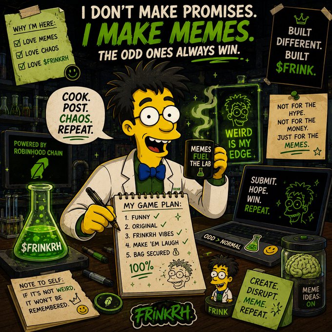 A cartoon-style image of a character resembling a scientist in a lab, holding a mug, with text reading 'I DON'T MAKE PROMISES. I MAKE MEMES.' and 'WEIRD IS MY EDGE,' surrounded by various meme-related notes and items.