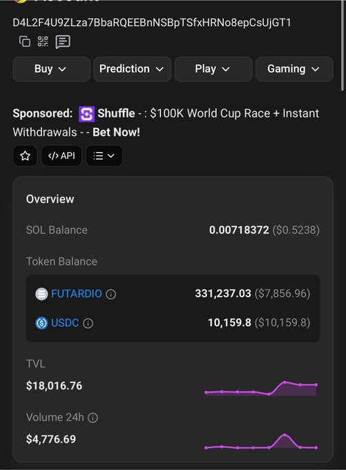 A cryptocurrency portfolio dashboard showing token balances for FUTARDIO (331,237.03) and USDC (10,159.8), with a TVL of $18,016.76.
