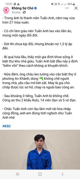 A Vietnamese Facebook post by 'Không Sợ Chó' about a young man named Tuấn Anh who broke into a wealthy family's villa after struggling financially, injured a housekeeper, and was later arrested by police.