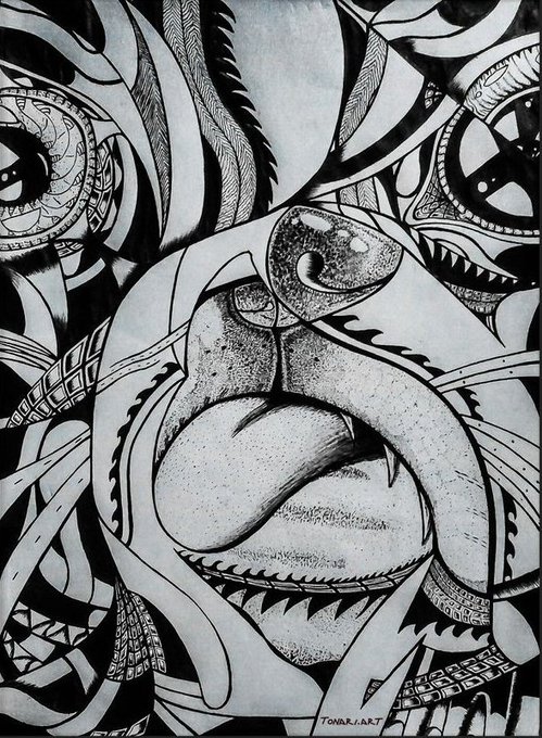 A detailed black and white ink drawing showing an abstract, surreal composition with intricate patterns, flowing curves, and stylized shapes, signed 'TOMARI ART'.