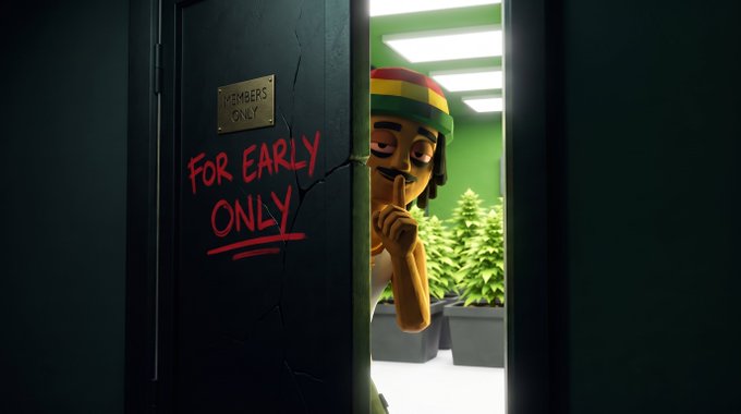An animated scene shows a character with a mustache and Rastacap peeking from a crack, with 'MEMBERS ONLY' on a door plate and 'FOR EARLY ONLY' written in red graffiti.