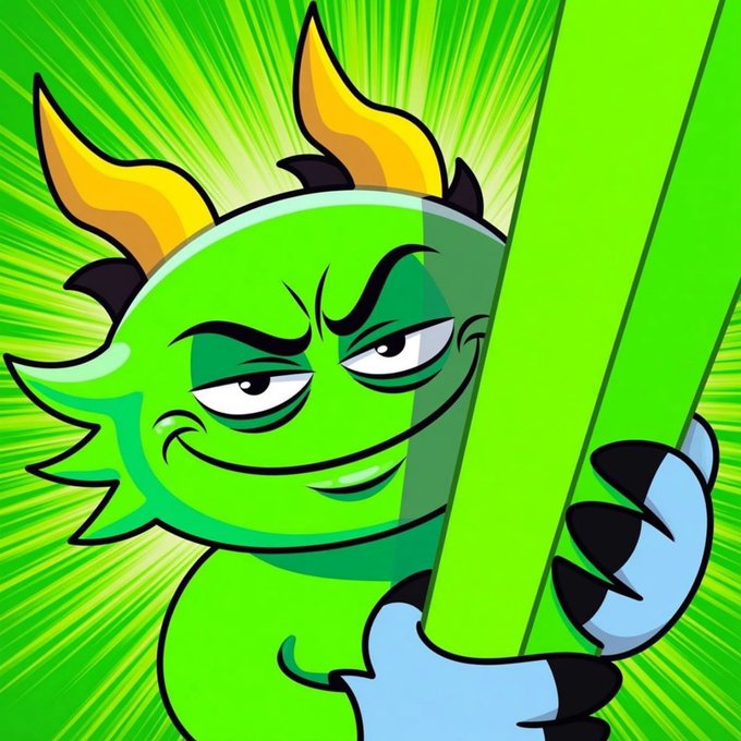 A cartoon illustration of a mischievous green monster with yellow horns and sharp claws, smiling deviously against a dynamic green action-burst background.