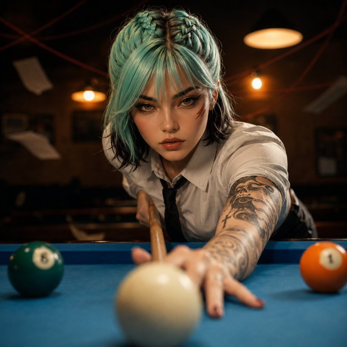 An illustrated portrait of a young woman with teal hair and arm tattoos, wearing a white shirt and tie, leaning over a blue billiards table with a cue stick pointed at the cue ball, flanked by the 8-ball and 1-ball.
