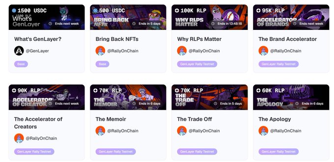 A grid of NFT listings on RallyOnChain's GenLayer Rally Testnet, featuring titles like 'What's GenLayer?', 'Bring Back NFTs', and 'The Accelerator of Brands' priced in USDC and RLP.