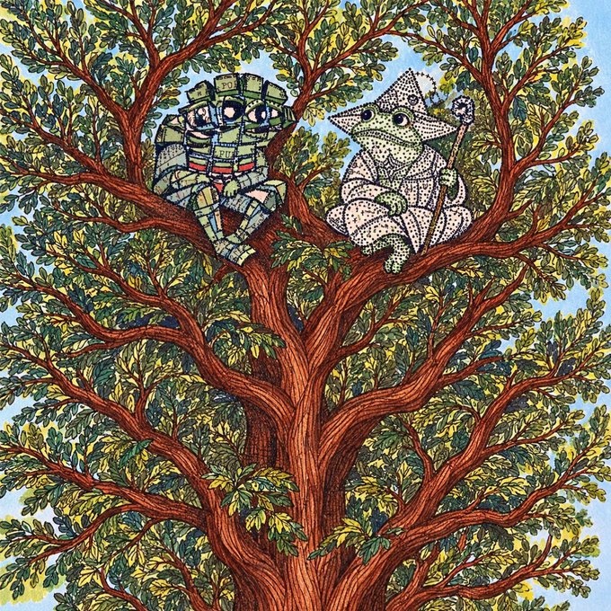 An illustrated artwork depicting a green robot and a white dragon figure resting in the branches of a large, detailed tree with green and brown foliage.