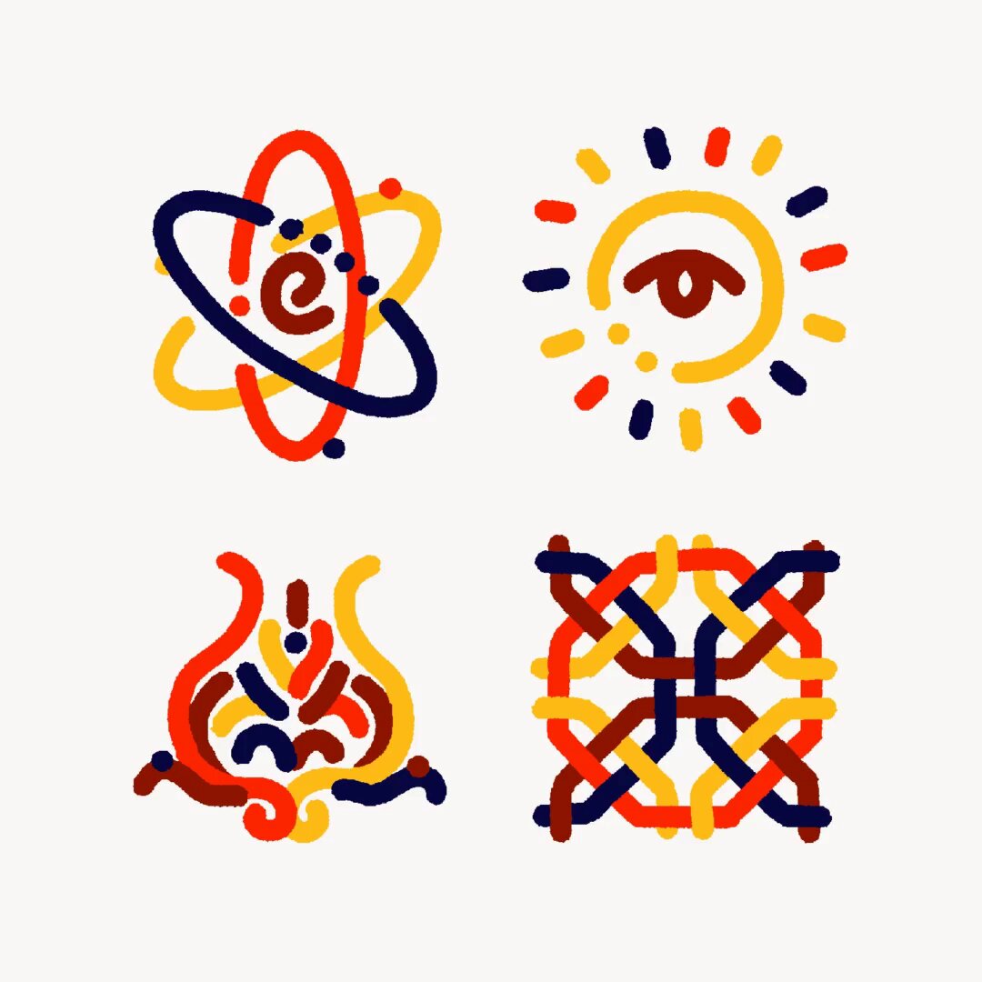 The image features four different designs, including an eye, sun, star, and a crescent moon, all rendered in a simple line drawing style with bold colors of red, yellow, blue, and orange. The designs are arranged in a square format on a white background, creating a visually appealing contrast against the plain backdrop. Each design is unique yet shares common elements that make them recognizable as symbols or icons related to the concept of "the studio".