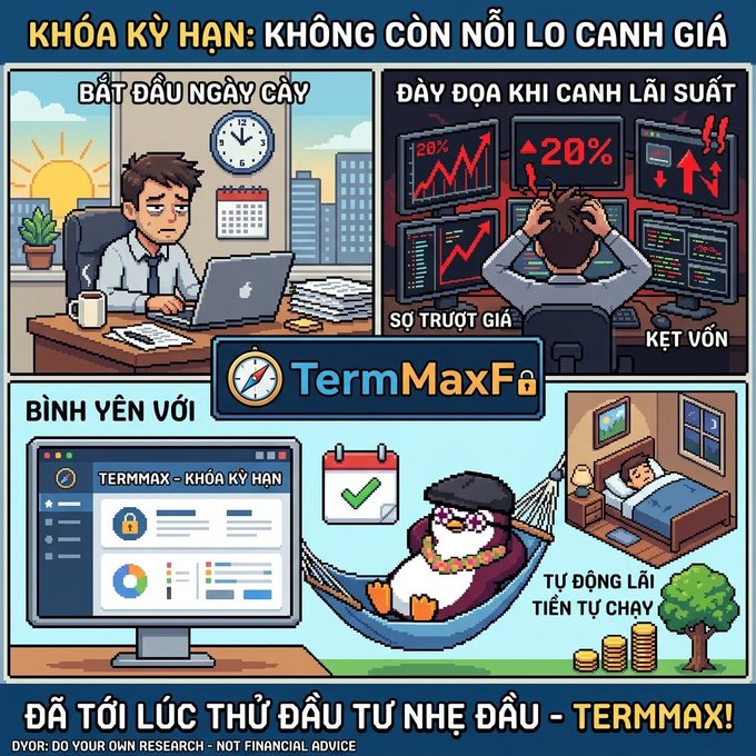 A Vietnamese-language promotional graphic for "TermMaxFa" with the header "KHÓA KỲ HẠN: KHÔNG CÒN NỖI LO CANH GIÁ", depicting cartoon scenes of a stressed investor and a relaxed penguin, along with a disclaimer reading "DVOR: DO YOUR OWN RESEARCH - NOT FINANCIAL ADVICE".