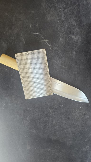 A wooden-handled knife with a metal blade rests on a dark surface alongside a small wire mesh screen.