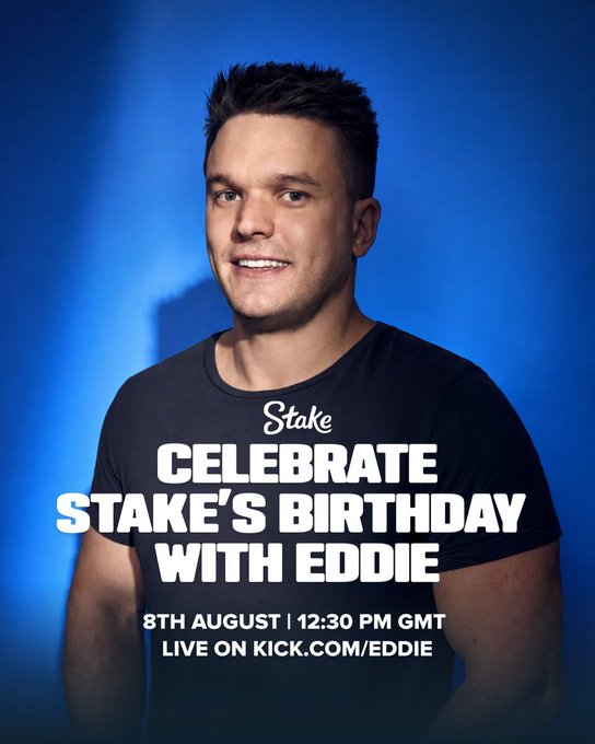 A smiling man in a black t-shirt poses against a blue background, promoting a Stake birthday livestream with "Eddie" on August 8th at 12:30 PM GMT at kick.com/eddie, aligning with the post's announcement of Stake's 9th anniversary celebration featuring giveaways.