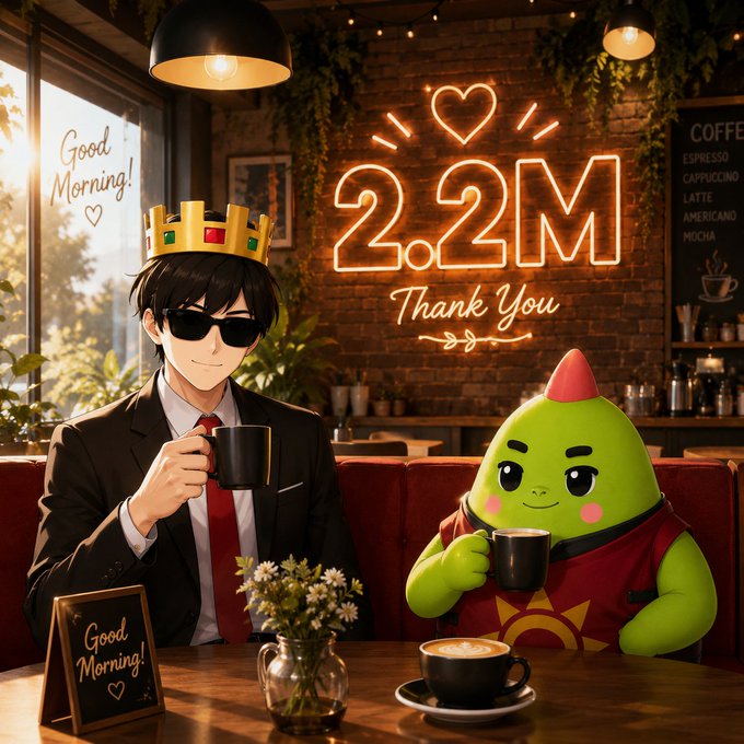 An anime-style illustration of a man in a suit wearing a gold crown and sunglasses sitting in a coffee shop next to a green cartoon character, celebrating '2.2M' with a neon 'Thank You' sign on the brick wall.