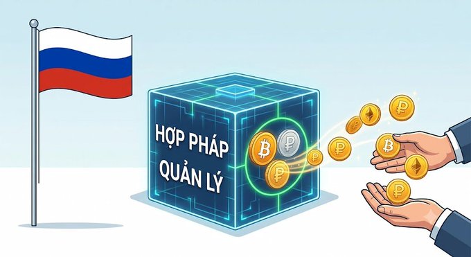 An illustration shows the Russian flag on a flagpole next to a glowing blue digital cube labeled 'HỢP PHÁP QUẢN LÝ', with hands exchanging cryptocurrency coins including Bitcoin.