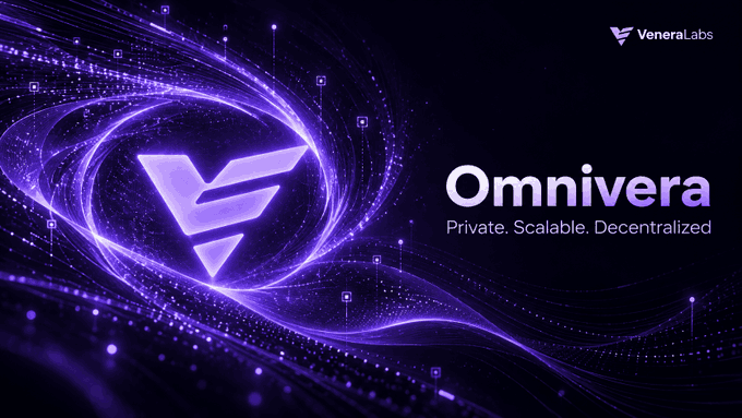 A promotional graphic for VeneraLabs' Omnivera cryptocurrency, featuring a purple logo and the tagline 'Private. Scalable. Decentralized.'