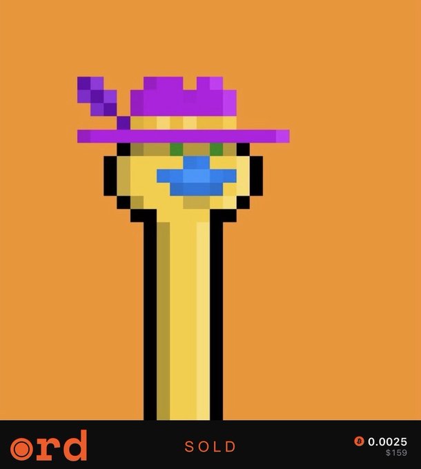 A pixel art image of a long-necked giraffe-like character wearing a purple hat and blue mustache on an orange background, labeled 'ord', 'SOLD', '0.0025 Ξ', '$159'.