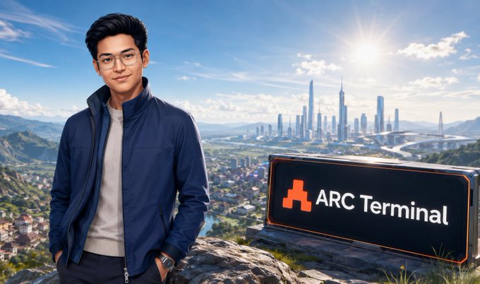 A portrait of a young man in a navy blue jacket and glasses standing in front of a futuristic cityscape, with a sign displaying the 'ARC Terminal' logo in the foreground.