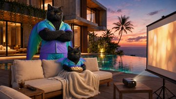 A stylized image showing anthropomorphic black panthers dressed in colorful outfits in a luxurious villa setting, with one standing with arms crossed and another seated on a couch watching a projected screen.