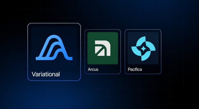 A dark blue graphic displaying three crypto project logos: Variational (selected), Arcus, and Pacifica.