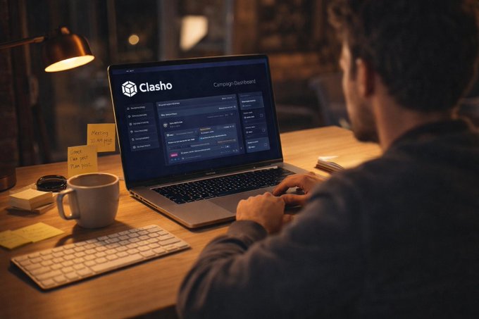 A person sits at a dimly lit desk working on a laptop displaying the 'Clasho' Campaign Dashboard, with a coffee mug, keyboard, and sticky notes nearby.