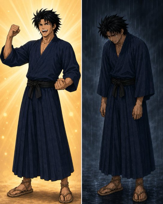 Two-panel anime-style illustration of a man in a dark blue traditional Japanese kimono with straw sandals, shown cheering with raised fist on the left against a golden background, and standing dejectedly in the rain on the right.