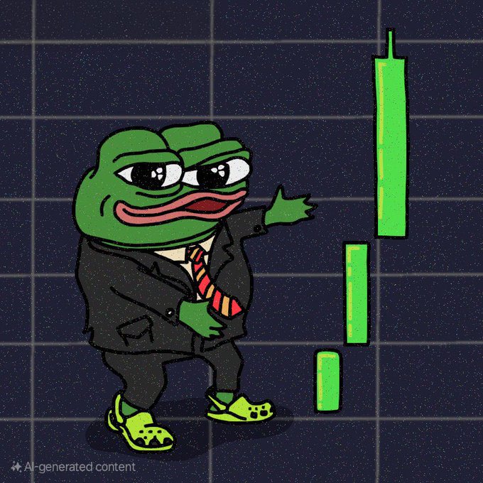 An AI-generated cartoon image (noted by 'AI-generated content' label) of a sad-looking Pepe the Frog in a business suit pointing at a descending green bar chart.