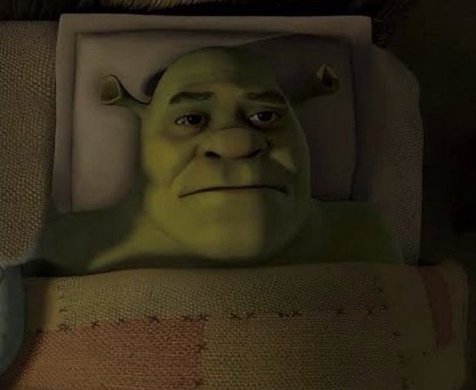 A still from the Shrek movies showing Shrek lying in bed, looking tired or sad, with his green face resting on a pillow and a blanket pulled up to his chin.