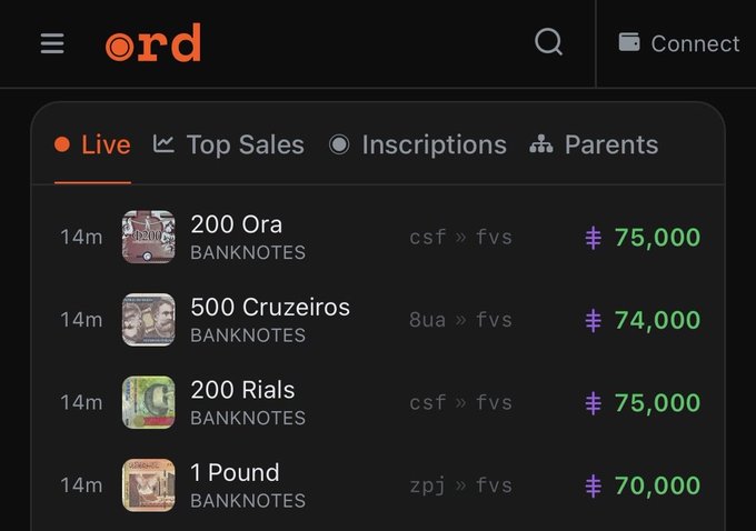 A screenshot of a dark-themed crypto marketplace interface (ord) showing a 'Live' tab with listings for banknote NFTs including '200 Ora' at 75,000, '500 Cruzeiros' at 74,000, '200 Rials' at 75,000, and '1 Pound' at 70,000.