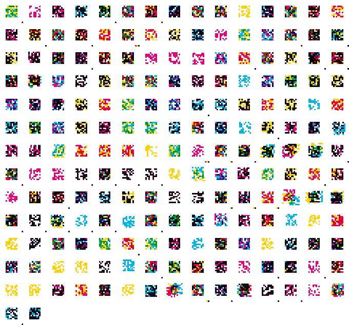 A grid display of numerous small pixel-art sprites featuring various colorful characters, items, and creatures arranged in rows on a white background.
