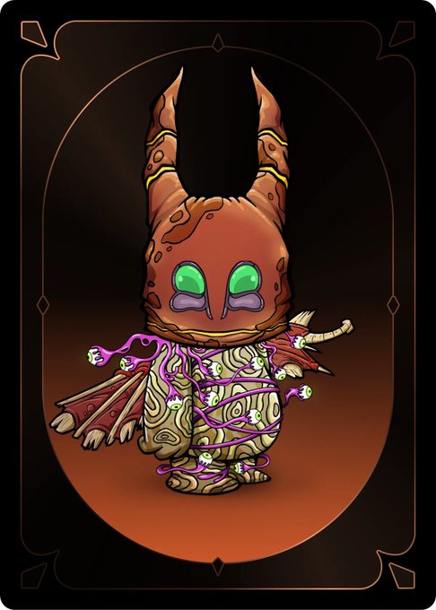 A digital illustration of a stylized, horned creature wrapped in purple glowing vines with small skulls, presented as a tarot card.