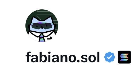 The image displays a profile picture of a cartoon character with dark hair and sunglasses inside a green circle, alongside the username "fabiano.sol" with a blue verified checkmark and a Solana logo. This appears to be the author's X (Twitter) profile, shown to promote their new badge announcement and follow campaign with @world_xyz, lending credibility to their crypto-related post.