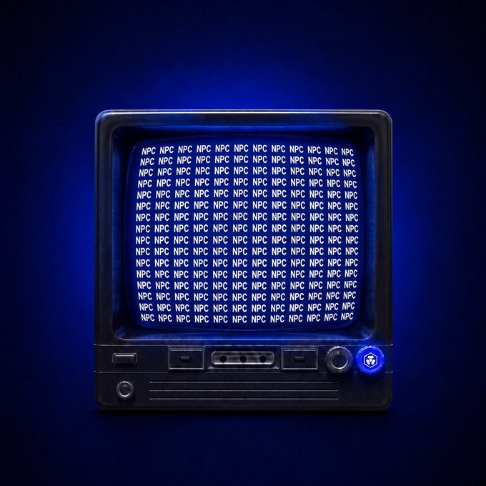 A small, retro-style CRT television or monitor displays a screen filled with repeating white 'NPC' text against a dark blue background, set against a matching blue wall.