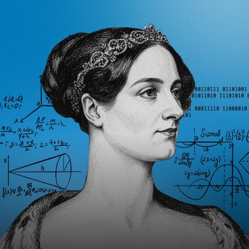 A portrait of Ada Lovelace wearing a tiara is set against a blue background filled with mathematical equations, binary code, and geometric diagrams, illustrating her pioneering contributions to mathematics and computing. The image visually connects to the caption by representing Cardano's ($ADA) namesake, the mathematician whose legacy lives on in the blockchain's smallest unit called a "lovelace."