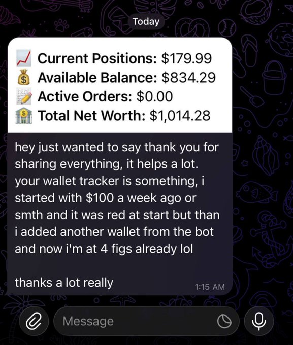 A Telegram message dated Today showing a wallet tracker summary with Current Positions $179.99, Available Balance $834.29, Active Orders $0.00, Total Net Worth $1,014.28, and a thank-you testimonial.