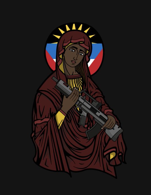 A stylized illustration depicts a hooded figure resembling the Virgin Mary holding an assault rifle, with a sunburst halo and a red, white, and blue circular backdrop.
