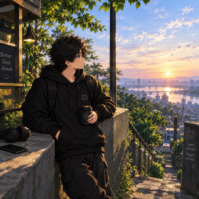 An anime-style illustration depicts a young man in a black hoodie holding a coffee cup, standing on a stone overlook and gazing at a vibrant sunset over a city landscape, with signs reading 'Better Days Ahead' and 'Same dreams Bigger moves'.