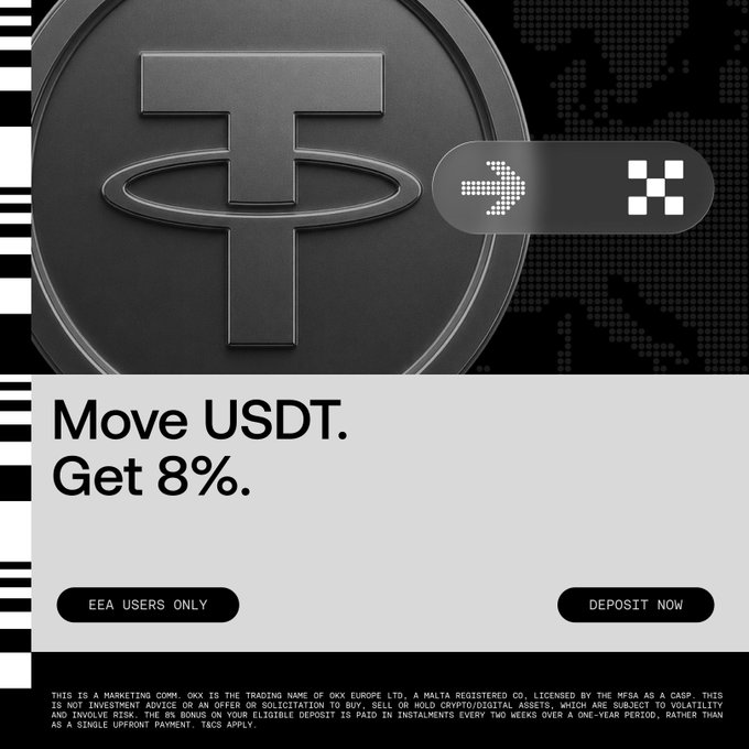 An OKX Europe promotional advertisement featuring a large 3D USDT (Tether) coin, with the tagline "Move USDT. Get 8%," targeting EEA users with a "DEPOSIT NOW" button. The ad aligns with the post's message by encouraging users to transfer their USDT from unregulated exchanges to OKX Europe to earn an 8% bonus paid in USDC installments, leveraging OKX's MICA license for regulatory compliance.